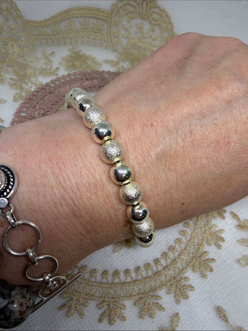 925 Sterling Silver Hollow Stardust & Polished Bead Bracelet | Italian Style